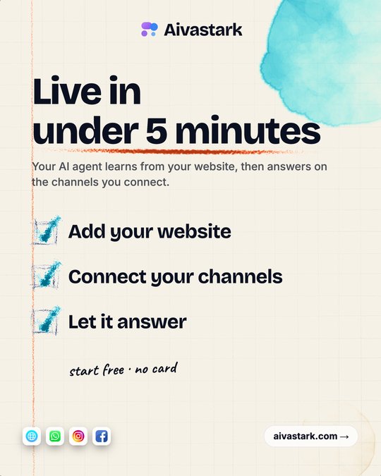 Hand-drawn style post on sketchbook grid paper. Headline: Live in under 5 minutes, with 'under 5 minutes' underlined in orange pencil. Below, three pencil-boxed steps, each ticked: Add your website, Connect your channels, Let it answer. Handwritten note: start free, no card.