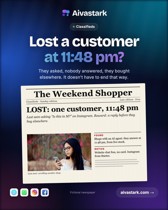 A classifieds page drawn in code, masthead "The Weekend Shopper", headline "LOST: one customer, 11:48 pm", standfirst about a customer last seen asking "Is this in M?", a photo of a young woman reading her phone ("Last seen: scrolling another shop") and sidebar notes "Found" and "Notice".