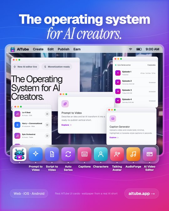 On a blue-to-pink gradient, the headline reads "The operating system for AI creators." Below, a desktop with an AITube menu bar (Create, Edit, Publish, Earn) shows real AITube UI cards as windows over a neon city wallpaper. A glass dock holds the AITube icon and eight apps: Prompt to Video, Script to Video, Auto Series, Captions, Characters, Talking Avatar, AudioForge and AI Video Editor.