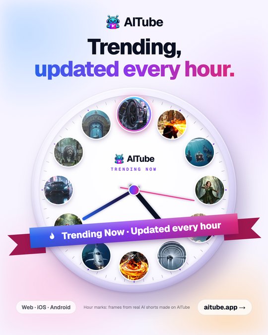 A white wall clock on a pastel wall. Instead of numbers, each hour mark is a round thumbnail from a real AI short: a neon sports car, a fire mage, a submarine porthole, a jungle archer, a full moon and more. The hands point at the hour. A gradient ribbon across the dial reads "Trending Now · Updated every hour", under the headline "Trending, updated every hour."