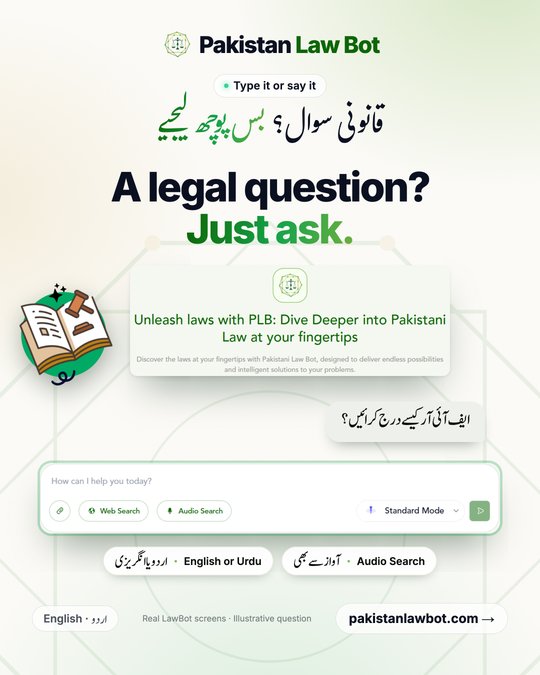 The real Pakistan Law Bot chat home: its logo and "Dive deeper into Pakistani law" header, a grey user bubble asking in Urdu how to register an FIR, and the real message box with Web Search, Audio Search and Standard Mode, ringed in green. LawBot’s book-and-gavel illustration sits beside it, with chips "English or Urdu" and "Audio Search" in both languages.