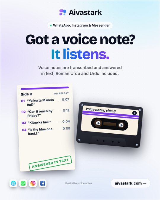 A cassette tape drawn in code labelled "Voice notes, side B" beside an inlay card listing four voice notes with lengths: "Ye kurta M mein hai?" 0:07, "Can it reach by Friday?" 0:12, "Kitne ka hai?" 0:04, "Is the blue one back?" 0:09, stamped "Answered in text".