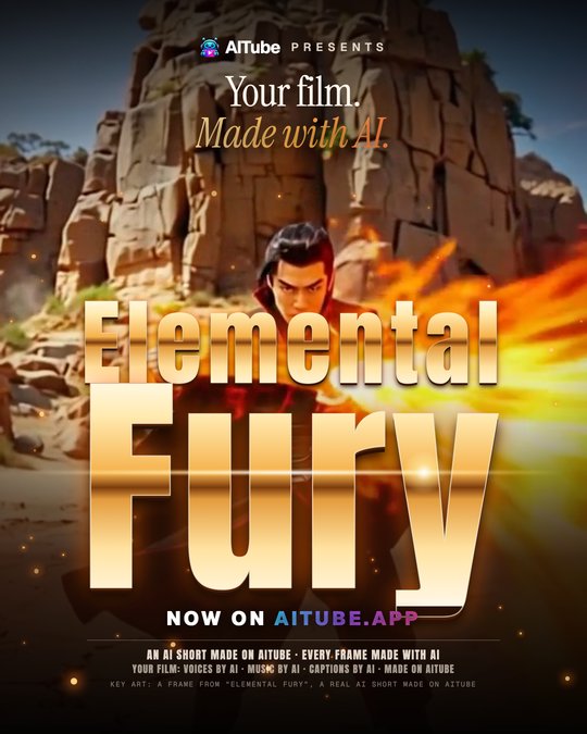 A movie poster. Full-bleed key art from the AI short Elemental Fury: a mage in black robes in a desert canyon throws a blast of fire. At the top, the AITube logo with "presents" and the tagline "Your film. Made with AI." At the bottom, a molten gold title, ELEMENTAL FURY, then "Now on aitube.app" and a condensed billing block crediting AI for voices, music and captions.